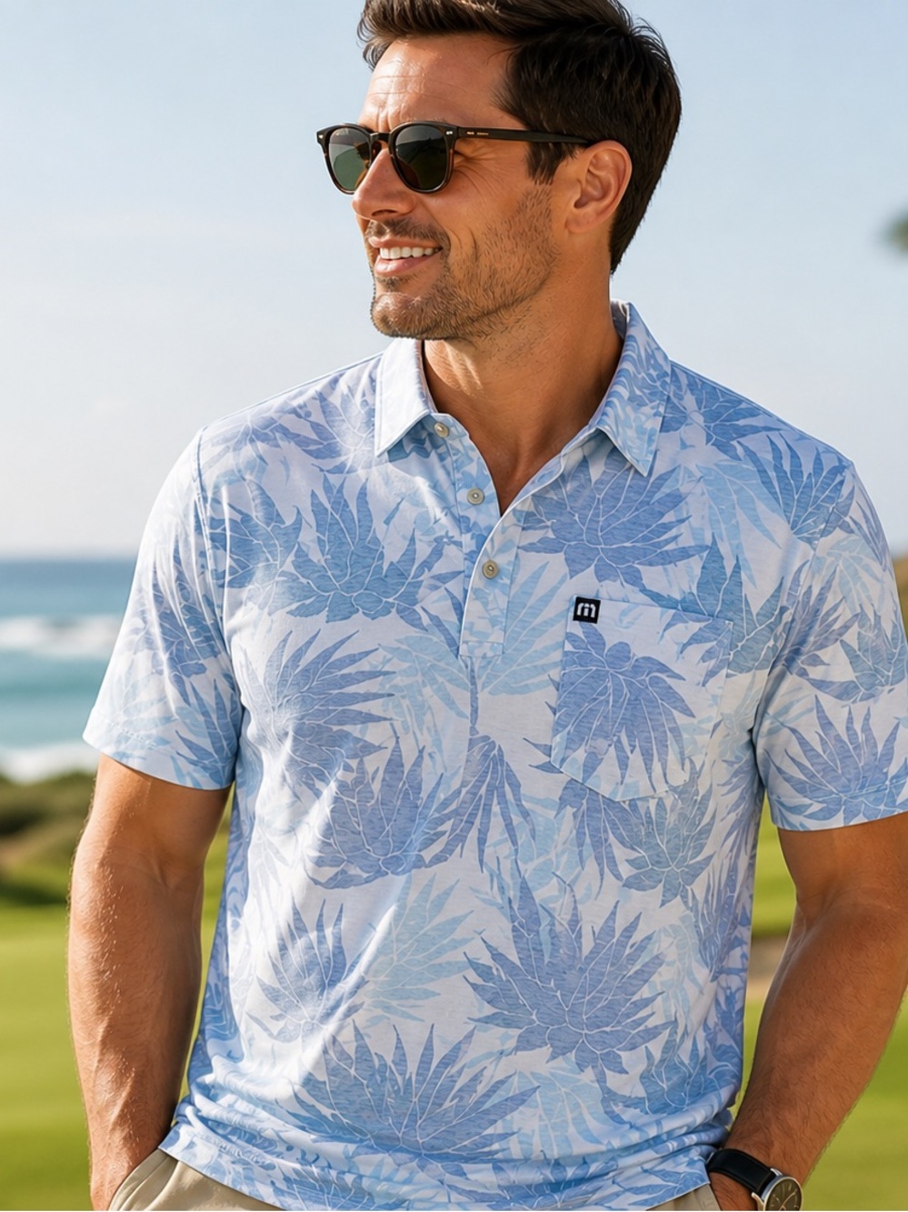 TravisMathew Men’s XL Blue Tropical Polo Golf Shirt Coastal Resort EUC